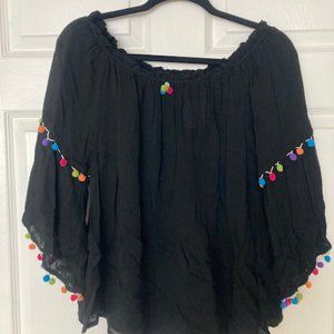 BRAND NEW w. TAGS Black Off or On shoulder Top with Pom Pom Trim